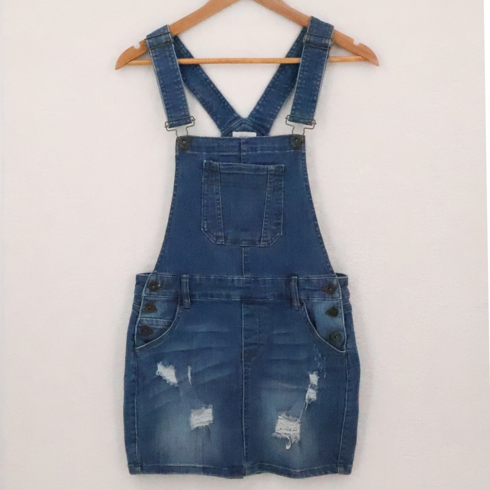 Wax Jean Denim Bib Overall Mini Dress Womens Size S Western Rodeo Distressed